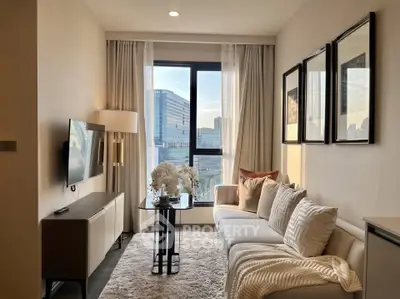 Modern living room with cozy sofa and city view window, perfect for relaxation.