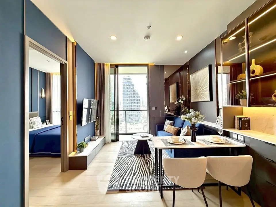 Luxurious modern living room with open kitchen and balcony view in high-rise apartment