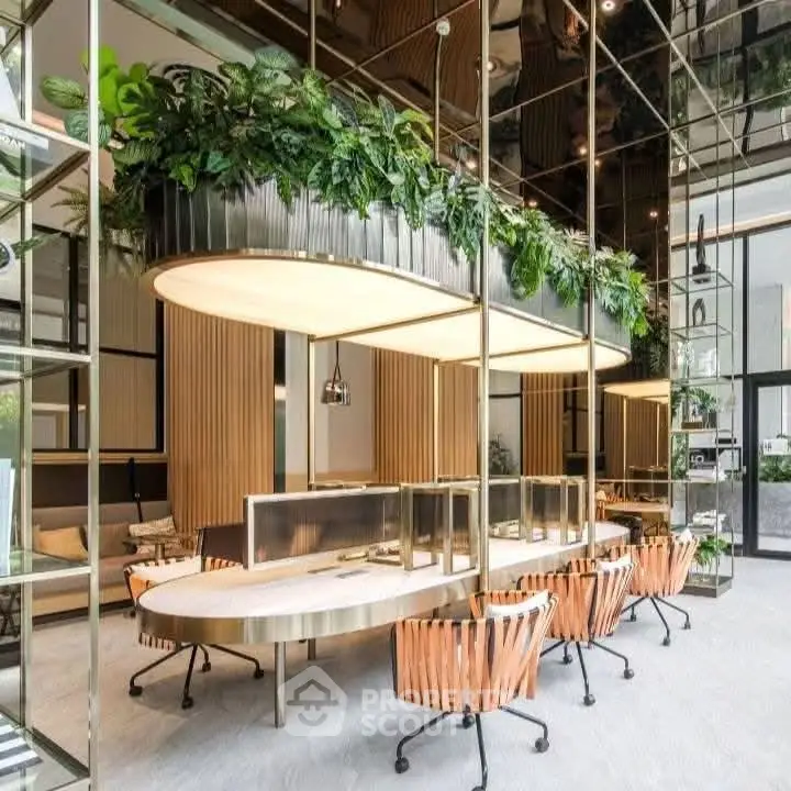 Luxurious modern co-working space with stylish decor and greenery accents.