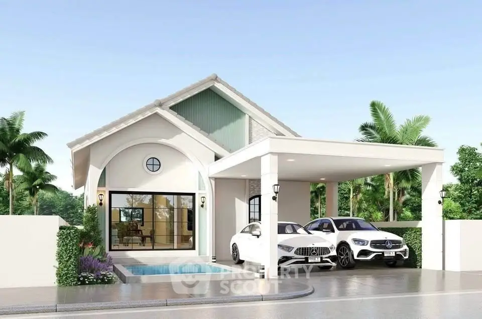 Modern single-story house with carport and luxury cars, featuring a sleek design and lush greenery.