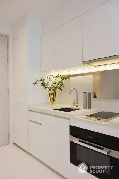 Modern kitchen with sleek white cabinetry and built-in appliances