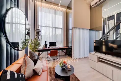 Modern living room with high ceilings and stylish decor
