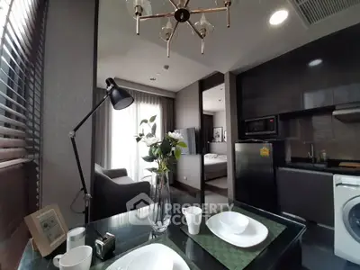 Modern apartment interior with stylish kitchen and cozy living area