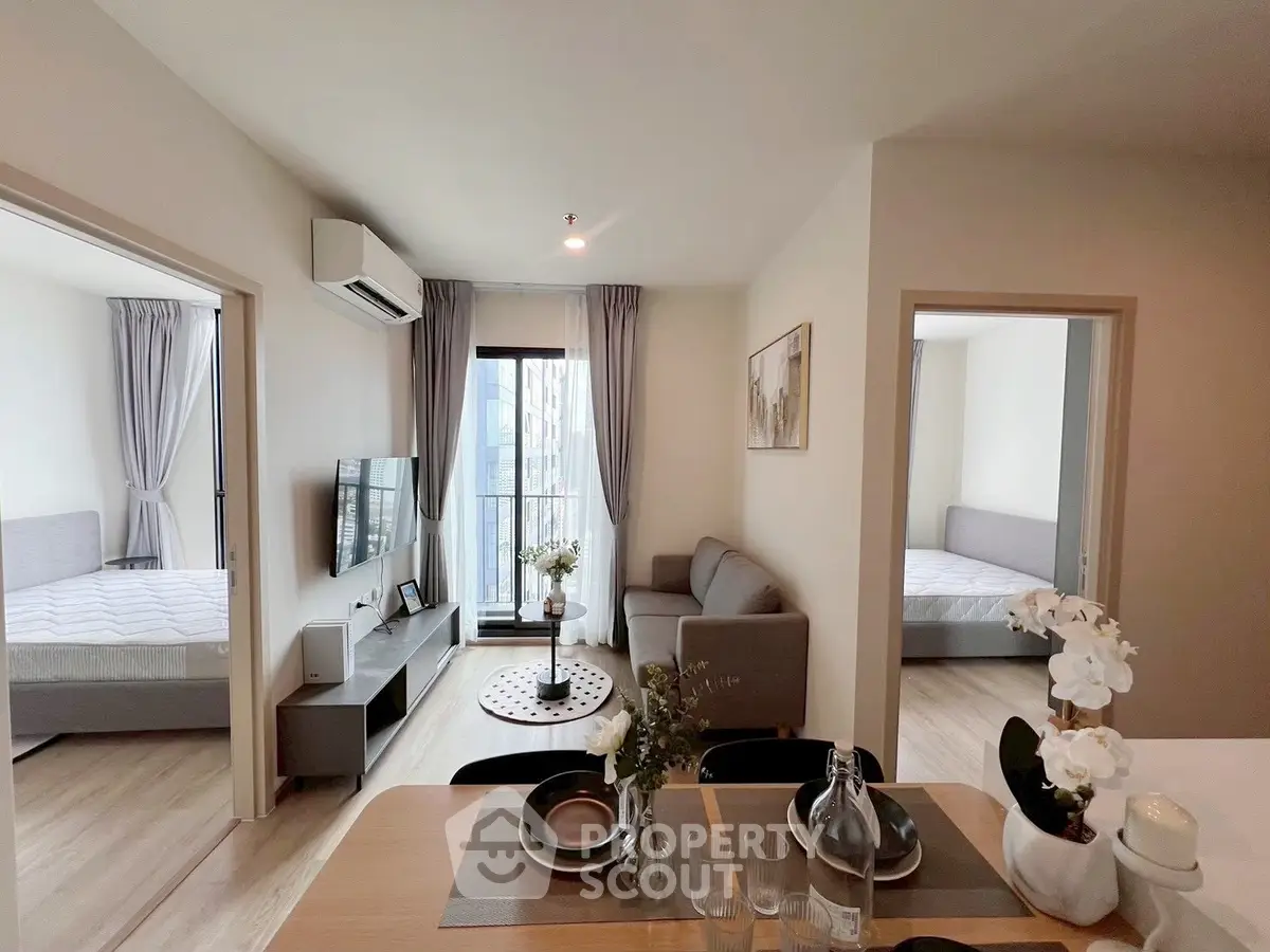 Modern apartment interior with cozy living room and stylish decor