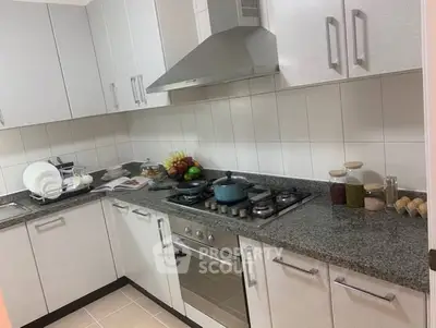 Modern kitchen with granite countertops and gas stove in a stylish apartment.