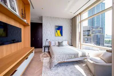 Luxurious modern bedroom with large windows and city view, featuring elegant decor and natural light.