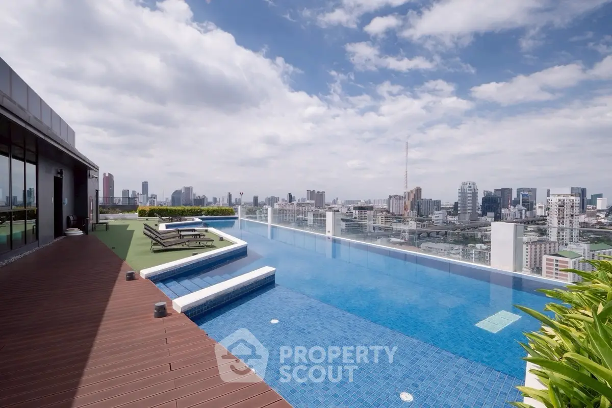 Stunning rooftop pool with panoramic city skyline views, perfect for luxury urban living.
