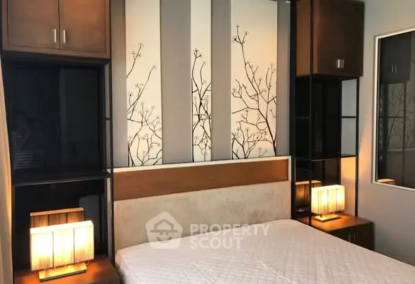 Elegant bedroom with modern decor and ambient lighting