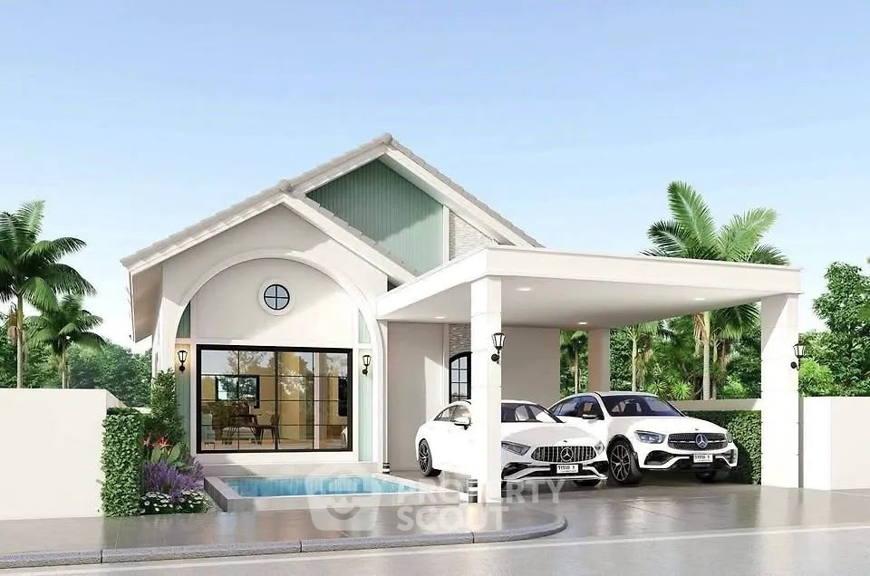 Modern single-story house with carport and luxury cars, featuring a sleek design and lush greenery.