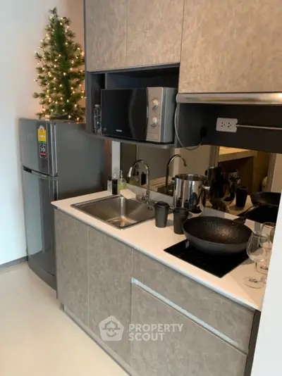 Modern compact kitchen with sleek cabinetry and stainless steel appliances