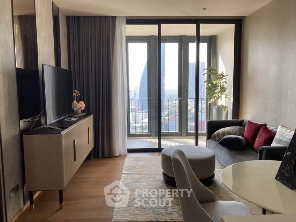 Modern living room with floor-to-ceiling windows and city view, stylish furniture, and elegant decor.