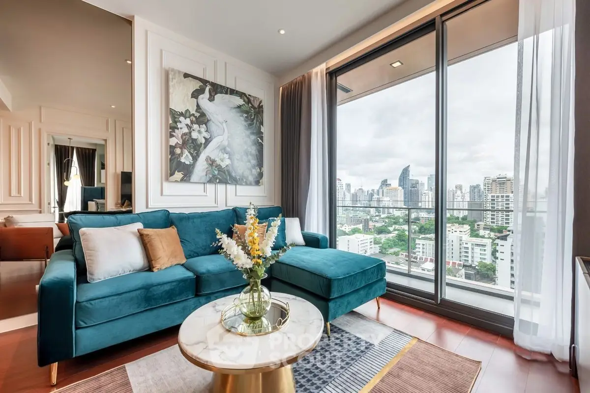 Luxurious living room with stunning city view and elegant decor