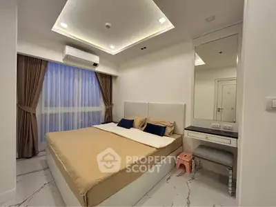 Modern bedroom with elegant design, featuring a cozy bed, stylish curtains, and a sleek vanity area.