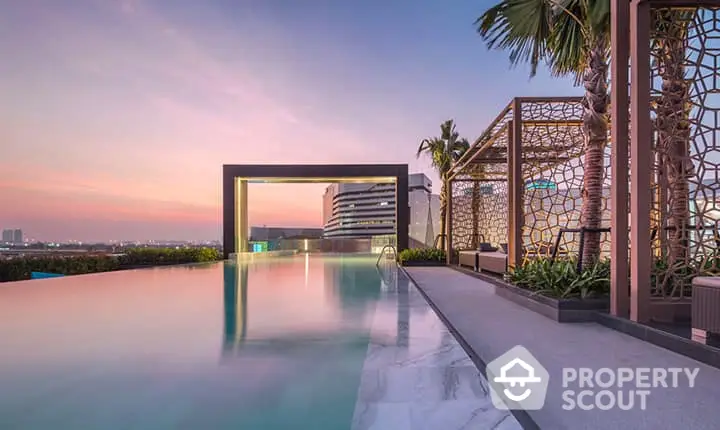 Luxurious rooftop infinity pool with stunning cityscape view at sunset.