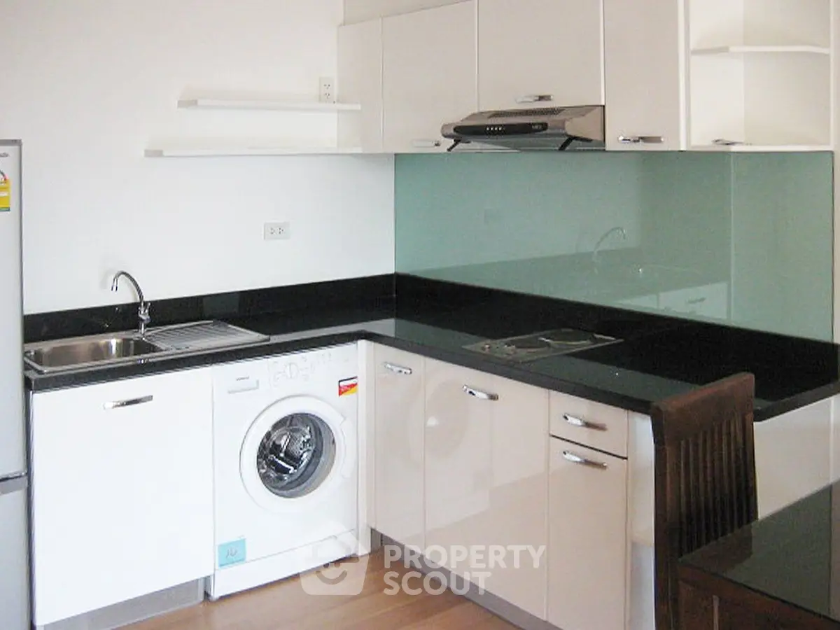 Modern kitchen with sleek cabinetry and built-in washing machine in compact layout.