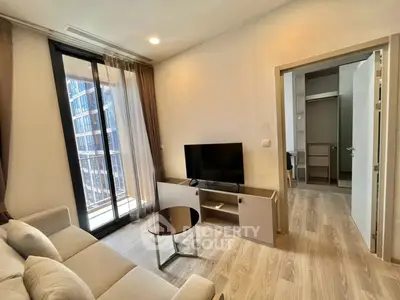 Modern living room with balcony view in a stylish apartment