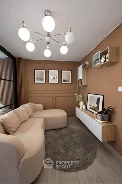 Stylish modern living room with cozy beige sofa and elegant lighting