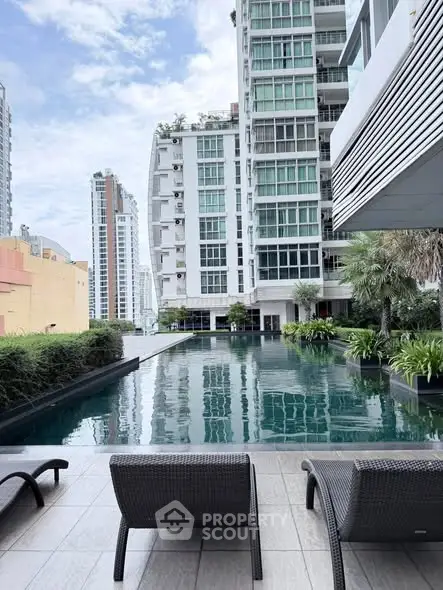 Luxurious high-rise apartment with stunning pool and city views.