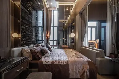 Luxurious modern bedroom with elegant decor and large windows