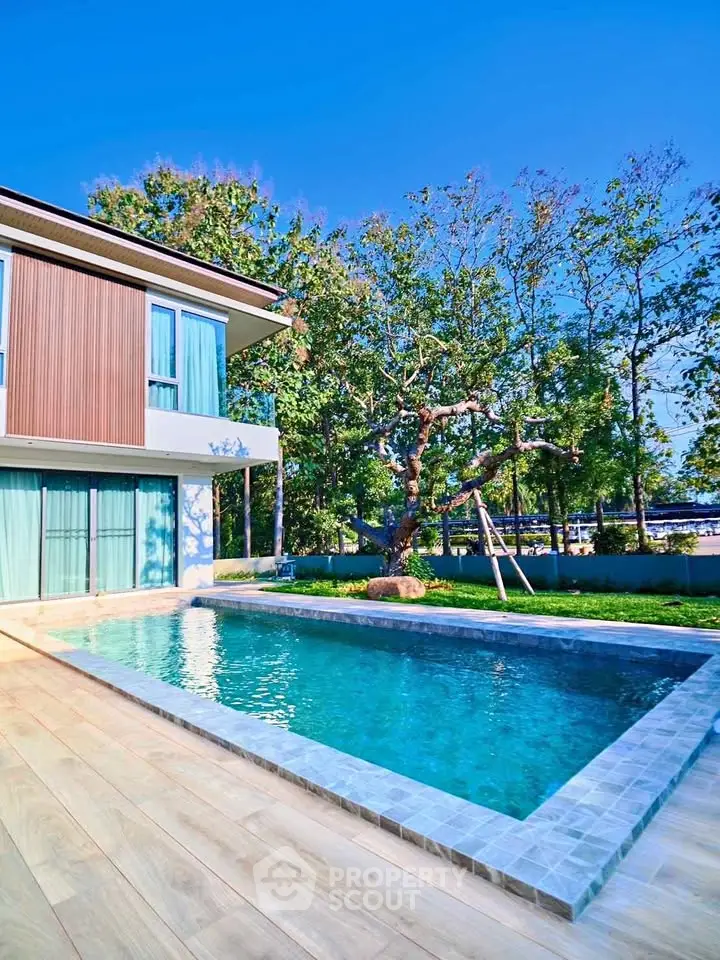 Luxurious modern home with private pool and lush garden, perfect for relaxation and entertaining.