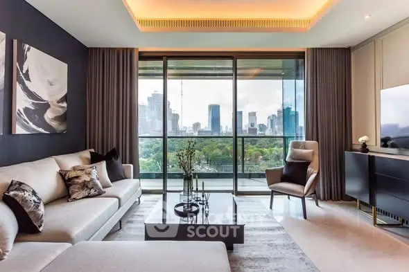 Luxurious living room with stunning city view and modern decor