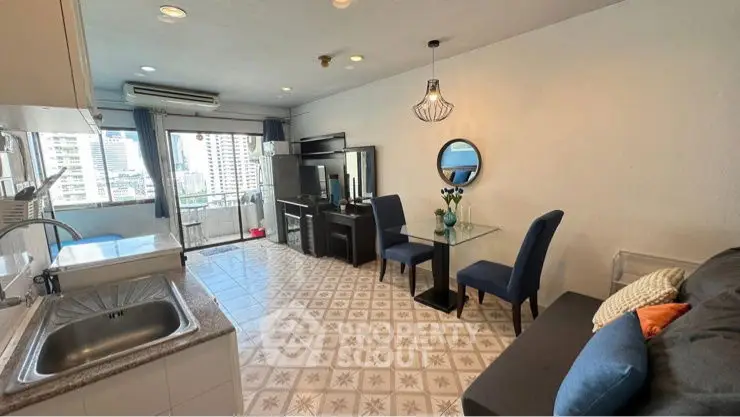 Spacious open-layout living room with city view and modern furnishings