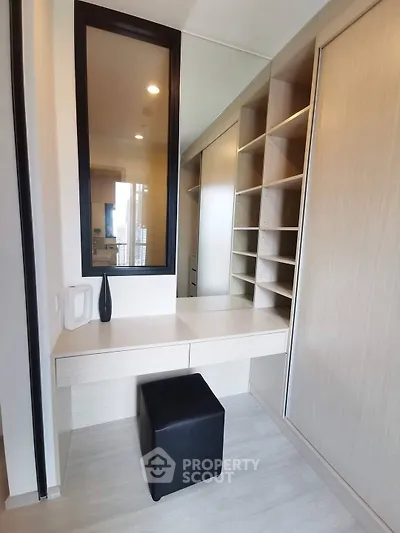 Modern walk-in closet with sleek design and ample storage space.