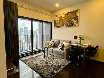 Stylish living room with city view, modern decor, and cozy dining area in urban apartment.