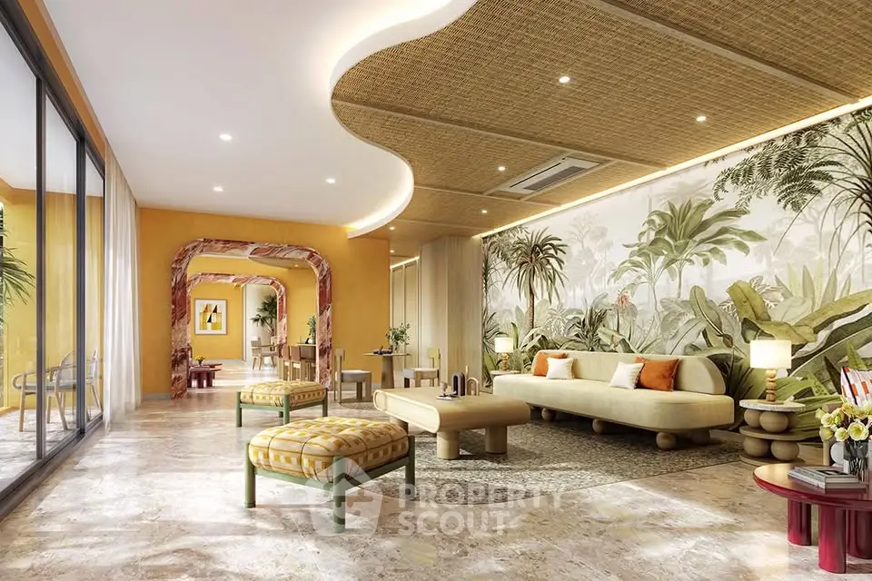 Luxurious living room with tropical decor and elegant design, featuring spacious seating and natural light.