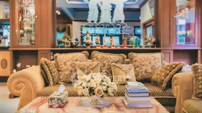 Luxurious living room with elegant decor and plush seating