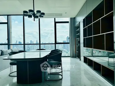 Luxurious living room with panoramic city view and modern furnishings