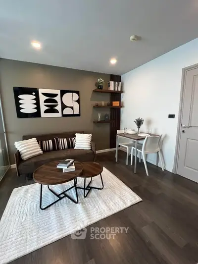 Modern living room with stylish decor and cozy seating area