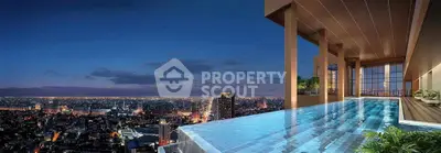 Luxurious rooftop infinity pool with stunning city skyline view at night