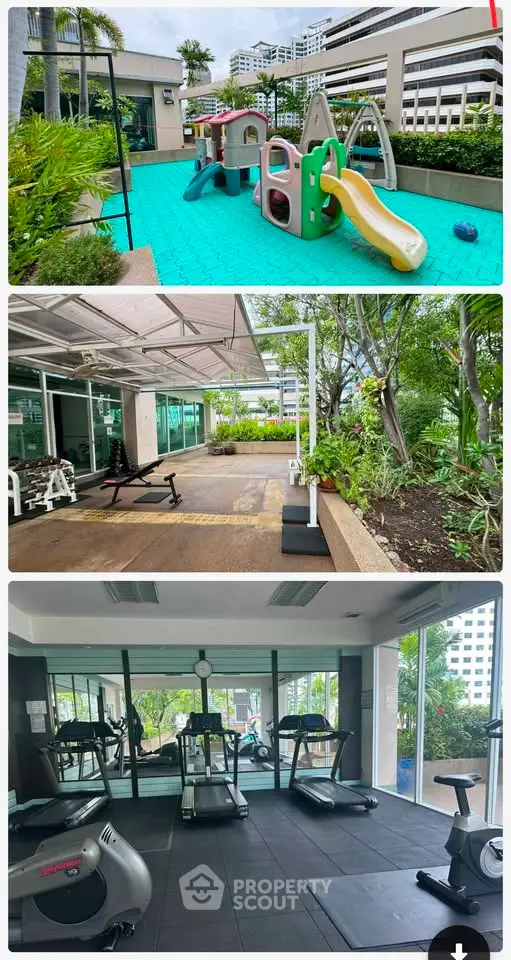 Modern condo amenities with gym, playground, and lush garden views.