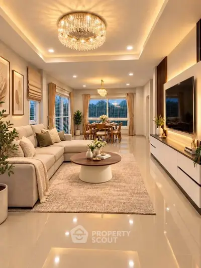Luxurious living room with elegant chandelier and spacious seating area, perfect for entertaining.