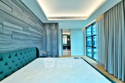 Luxurious modern bedroom with stylish wood paneling and large windows