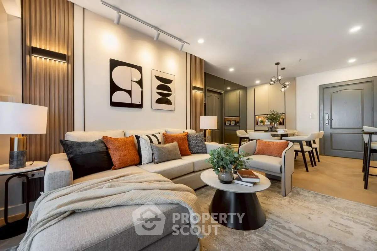 Modern living room with stylish decor and cozy seating area