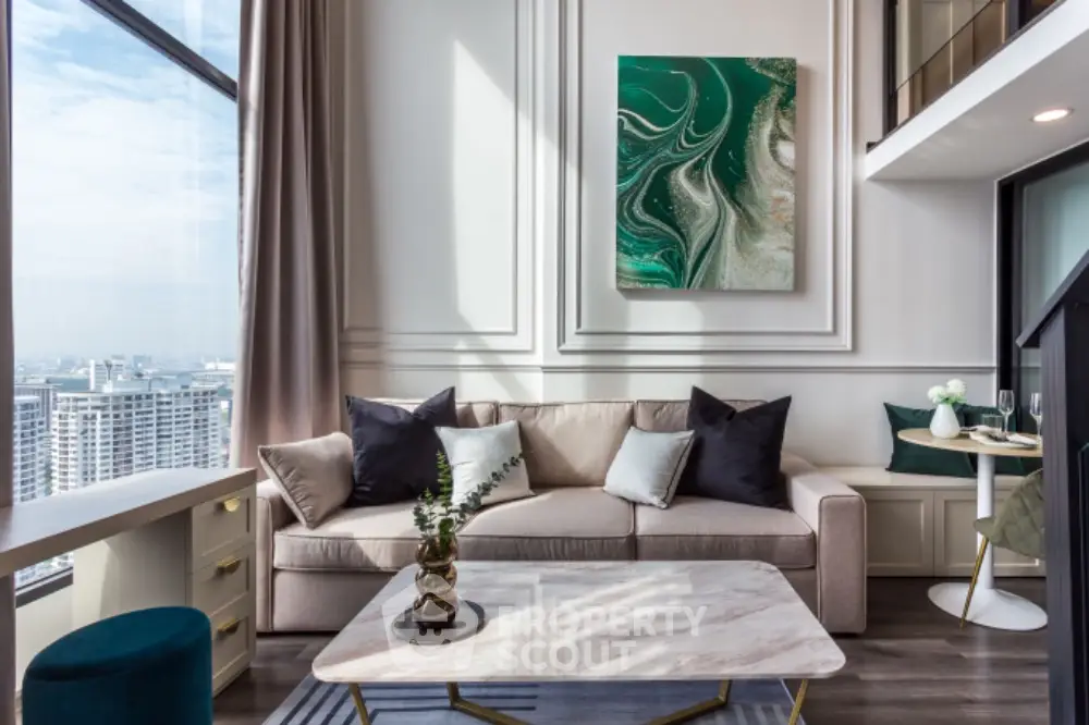 Luxurious modern living room with large window and elegant decor
