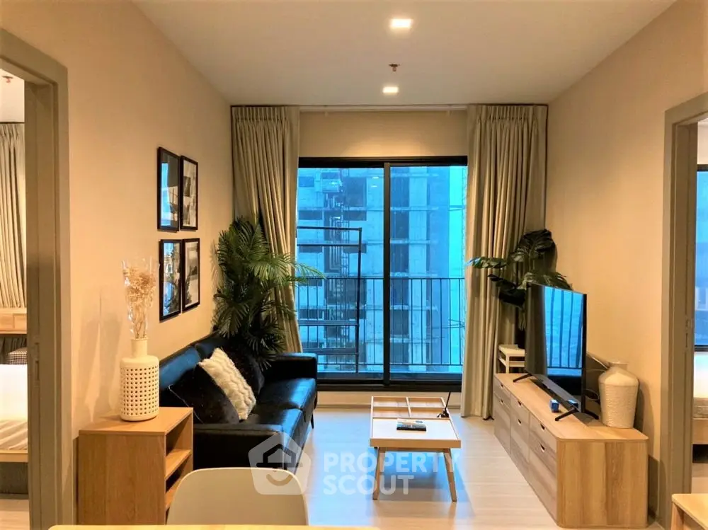 Modern living room with city view and stylish decor