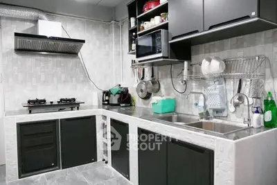 Modern kitchen with sleek black cabinets and stainless steel appliances