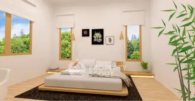 Modern minimalist bedroom with large windows and natural light