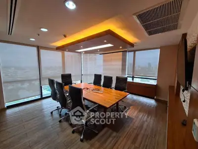 Modern office meeting room with city view and sleek design