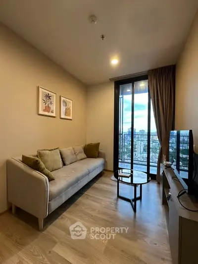 Modern living room with city view and stylish decor