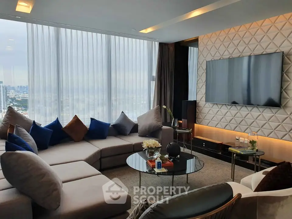 Luxurious modern living room with panoramic city view and elegant decor