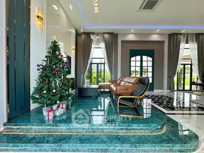 Luxurious living room with Christmas decor and elegant furnishings