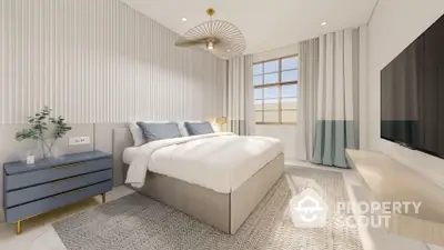 Sunlit spacious bedroom with modern design, featuring a large bed, elegant furnishings, and a serene color palette, perfect for relaxation.