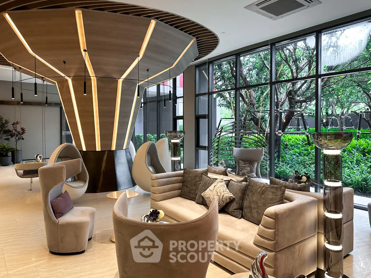 Luxurious modern living room with unique lighting and garden view, featuring plush seating and elegant decor.