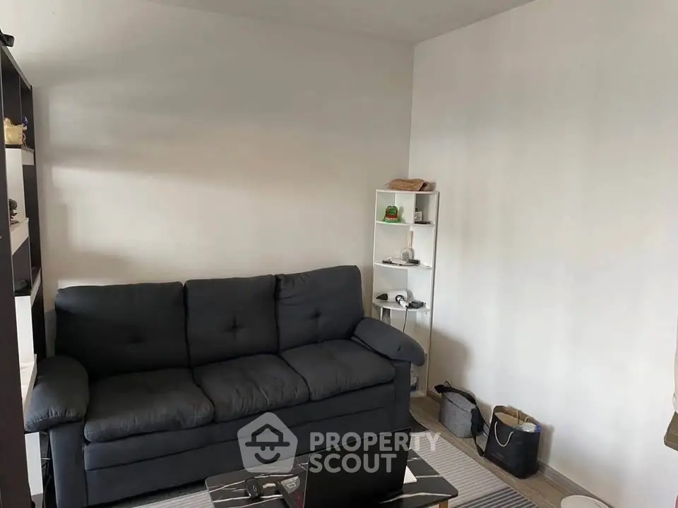 Cozy living room with dark sofa and minimalist decor