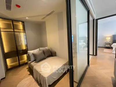 Modern apartment interior with cozy seating area and stylish decor