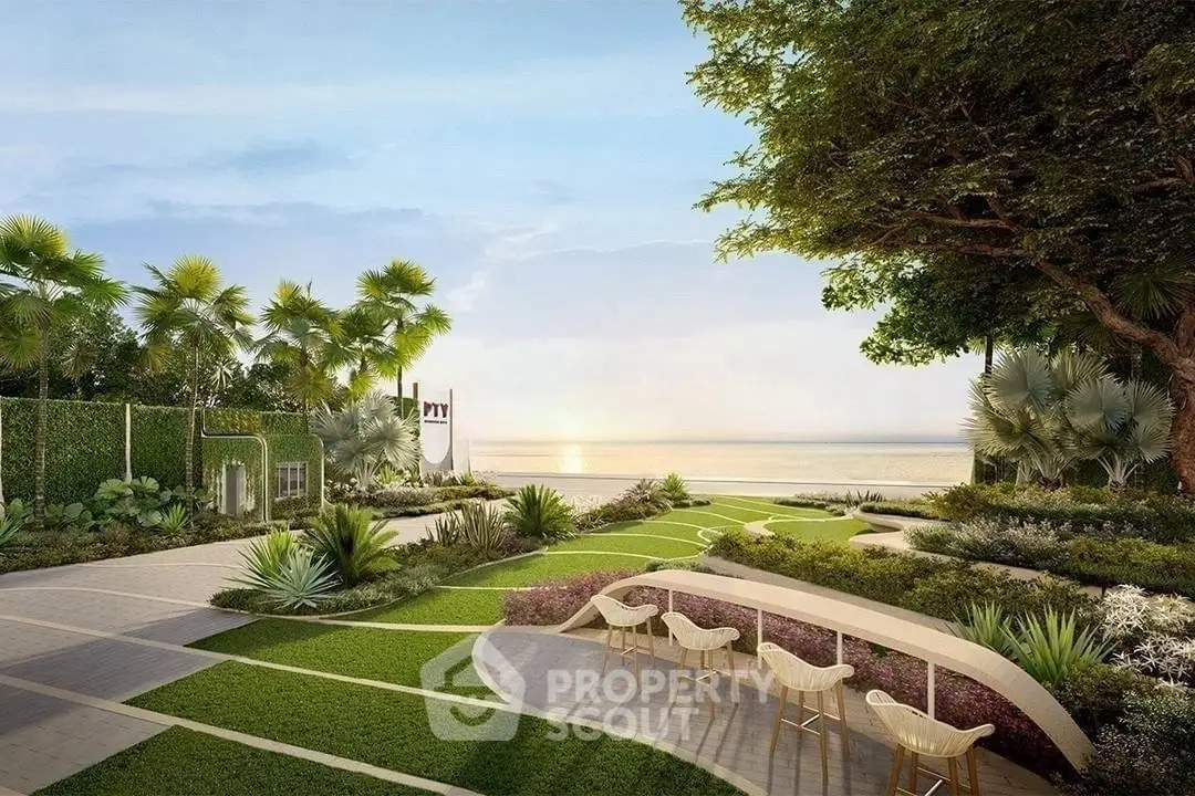 Luxurious beachfront garden with stunning ocean view and modern landscaping.